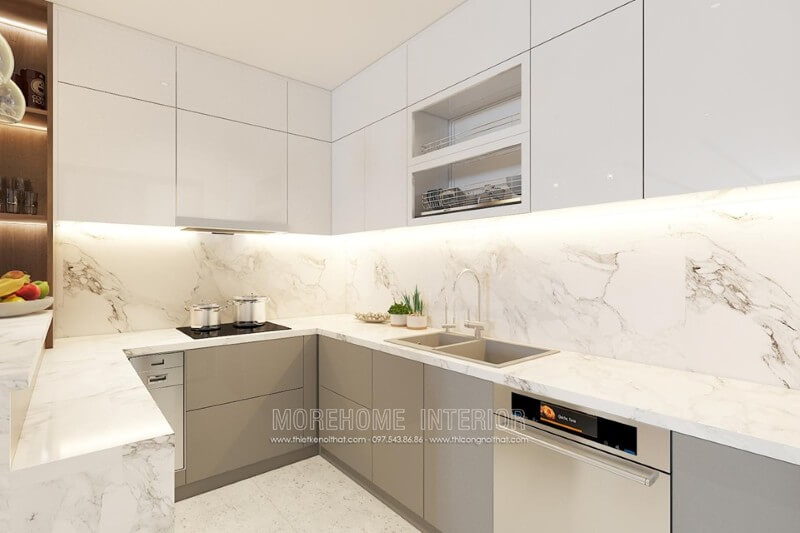 Hệ thống tủ bếp màu trắng, phân tách nhiều ngăn lớn nhỏ đáp ứng nhu cầu sắp xếp đồ nội thất Tủ bếp hiện đại đẹp