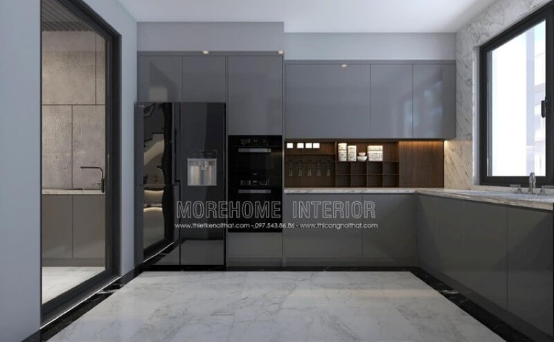 Mẫu tủ bếp gỗ công nghiệp acrylic màu xám đẹp mắt trong trang trí nội thất phòng bếp hiện đại sẽ là lựa chọn khá phù hợp với các không gian như chung cư, biệt thự, nhà phố. Tủ bếp hiện đại đẹp