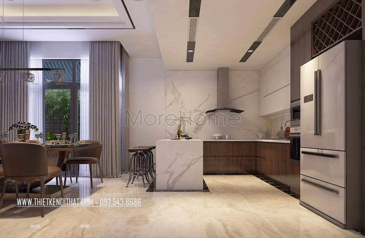 Mẫu tủ bếp gỗ công nghiệp veneer màu nâu chữ L hiện đại là điểm nhấn cho không gian bếp Tủ bếp gỗ công nghiệp và tủ bếp acrylic