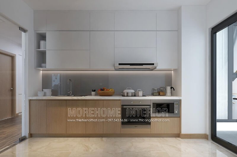 Lựa chọn tone màu sáng nhẹ nhàng, tinh tế, tủ bếp gỗ công nghiệp tạo nên không gian nhà bếp rộng thoáng mà không kém phần sang trọng Tủ bếp gỗ công nghiệp và tủ bếp acrylic