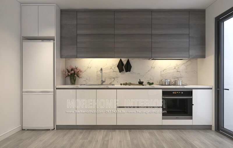 Cả bộ tủ bếp hiện đại được sản xuất từ chất liệu gỗ công nghiệp An Cường cao cấp. Ngoài ra, trông nó nổi bật và dịu mắt hơn khi sử dụng đá ốp bếp nhân tạo vân mây đầy đẳng cấp Tủ bếp đẹp