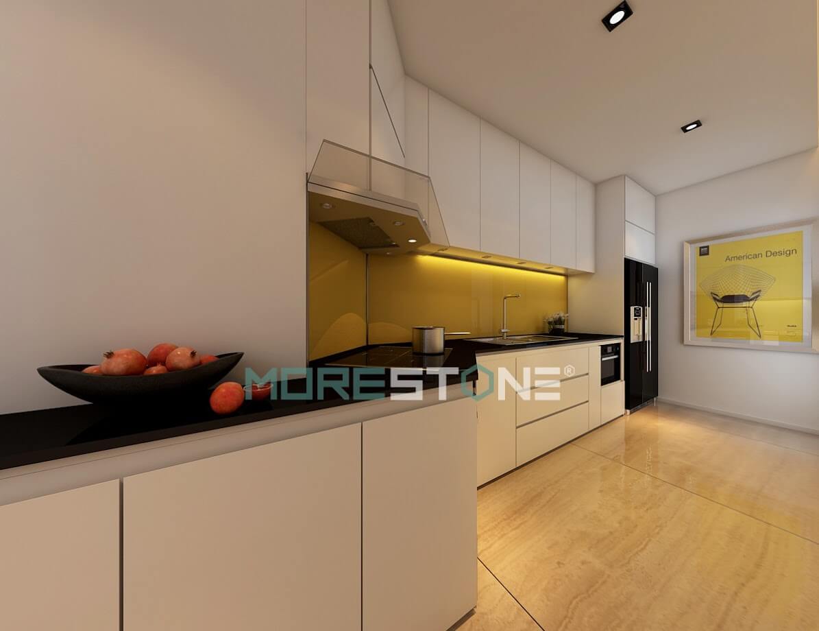 Đá bếp nhân tạo màu đen có độ bóng cao, đảm bảo vệ sinh và độ bền màu Thiết kế phòng bếp, tủ bếp đẹp