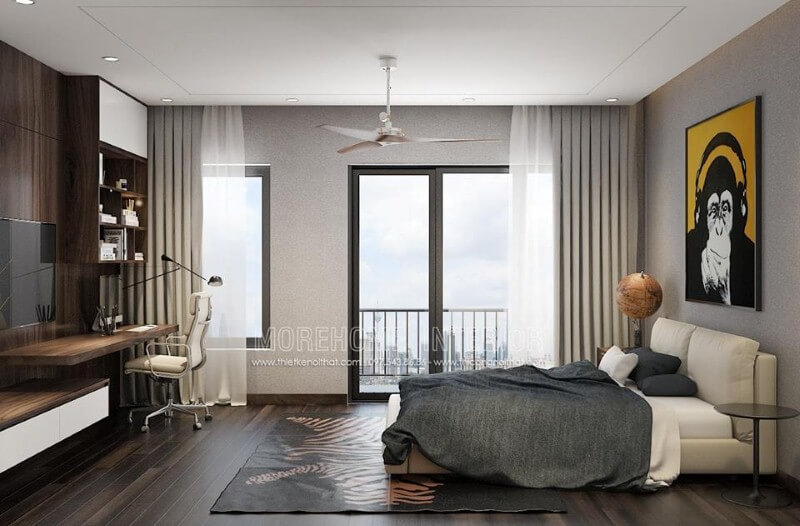 Phòng ngủ con được thiết kế theo phong cách hiện đại độc đáo nhưng khá thông thoáng từ góc học tập, cửa sổ, ban công, giường tối giản. Thiết kế chung cư