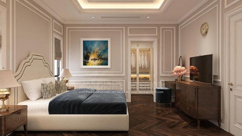 Sắp xếp nội thất phòng ngủ tân cổ điển có tủ quần áo khoa học, phong thủy. Thiết kế chung cư