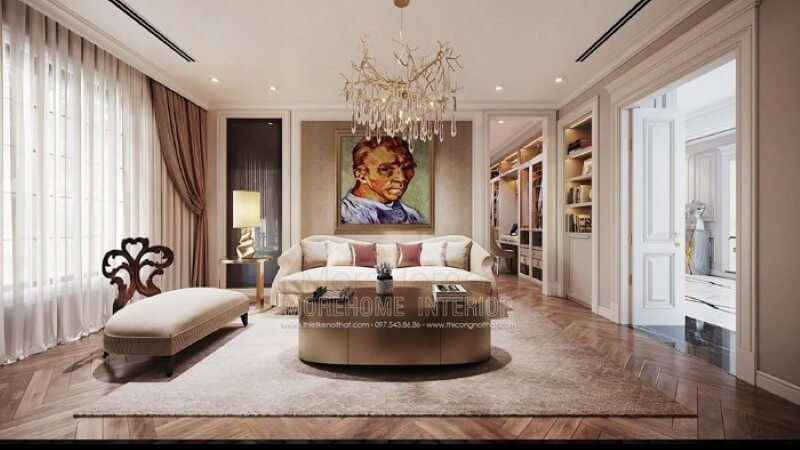 Bộ sofa đơn cao cấp cùng điểm nhấn tranh chân dung họa sĩ Van Gogh tuyệt đẹp đã tạo nên nét sang trọng, độc đáo cho phòng giải trí trong phòng ngủ. thiết kế nội thất chung cư
