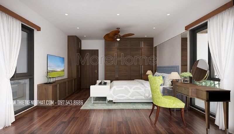 Sàn gỗ, bộ bàn ghế trang điểm, tủ quần áo, kệ tivi, cửa gỗ gỗ óc chó đã tạo nên vẻ đẹp sang trọng, độc đáo trong phong cách hiện đại tại phòng ngủ master mặc dù với phong cách này đồ nội thất gỗ công nghiệp thường là lựa chọn phổ biến. thiết kế nội thất chung cư