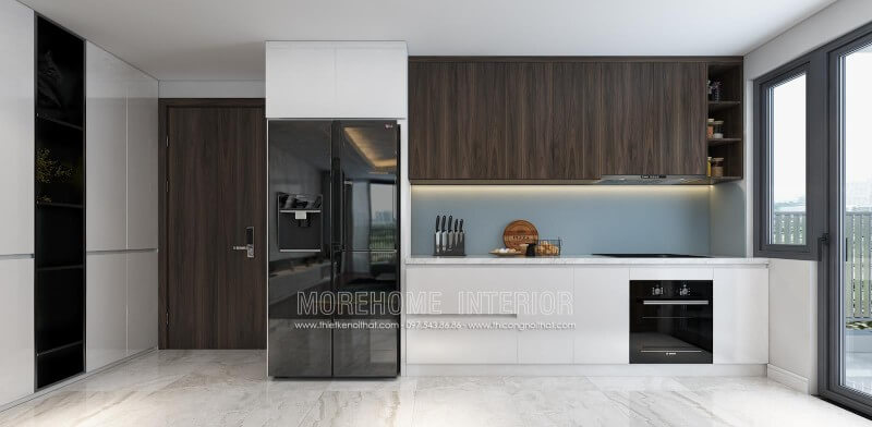 Sự kết hợp hoàn mỹ của 2 tone màu nêu trầm của gỗ Veneer óc chó và màu trắng của gỗ Acrylic đem lại không gian đầy tinh tế và mới lạ cho không gian nội trợ của gia chủ Tủ bếp gỗ công nghiệp và tủ bếp acrylic