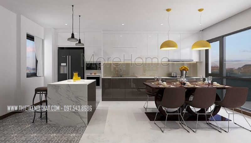 Tủ bếp đảo gỗ An Cường hiện đại lồng được bố trí khá đặc biệt với đảo bếp thiết kế theo cạnh chữ L với tủ bếp và nhường chỗ cho bộ bàn ghế ăn vừa tạo nên sự tiện nghi vừa mang lại không gian hài hòa, đẹp mắt, sang trọng. Thiết kế tủ bếp biệt thự sang trọng