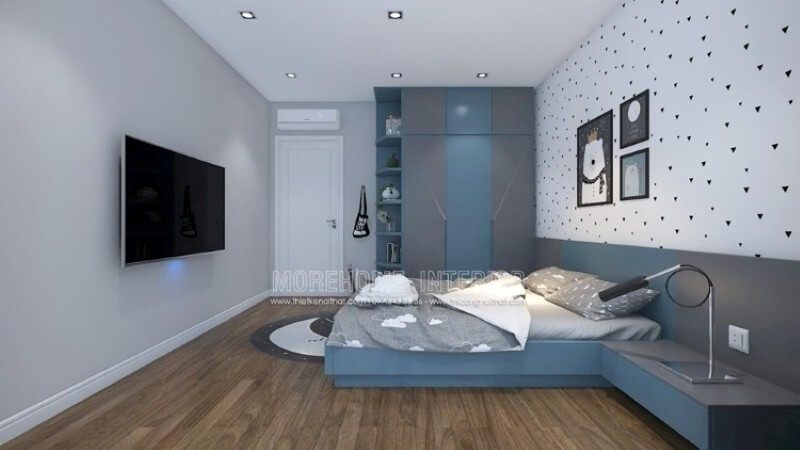 Tủ quần áo gỗ đẹp độc đáo với gam màu nổi bật xanh dương và xám cho phòng bé trai.