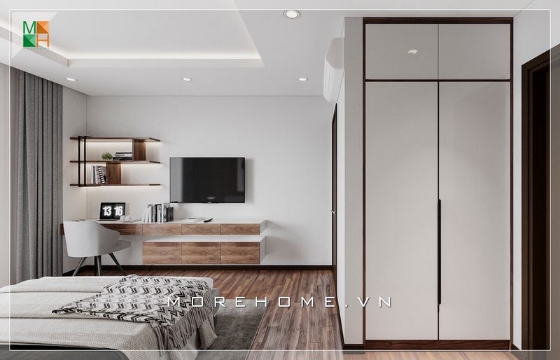 Mẫu tủ quần áo hiện đại thiết kế âm tường kịch trần rất thông minh và sáng tạo biến căn phòng ngủ chung cư trở nên sang trọng hơn.