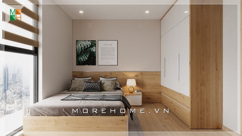 Thiết kế cùng một chất liệu gỗ với giường ngủ hiện đại là chiếc tủ quần áo hiện đại tăng sự tiện nghi cho căn phòng ngủ.