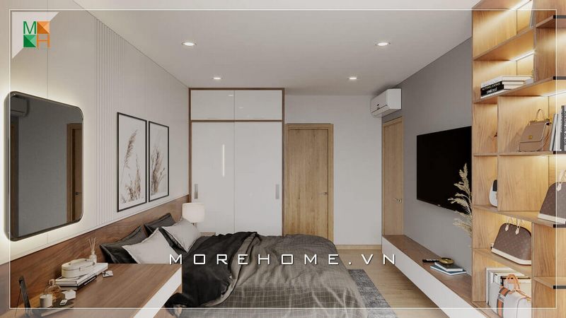 Mẫu tủ quần áo thiết kế kịch trần rất sang trọng, màu sắc trắng bóng của gỗ công nghiệp acrylic hiện đại.