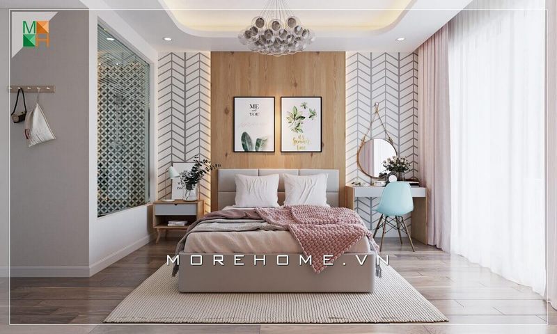 Ấn tượng với gỗ ốp tường giường ngủ rất độc đáo biến căn phòng ngủ trở nên tiện nghi hơn.