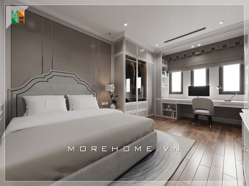 Thiết kế một cái kệ gỗ công nghiệp hiện đại vừa dài lại có tính năng giống bàn được đặt ở ngay gần cửa sổ của căn phòng giúp căn phòng trở nên tiện nghi và cuốn hút.