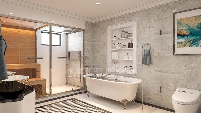 Bố trí nội thất phòng tắm cao cấp có bồn đẹp, sang trọng.