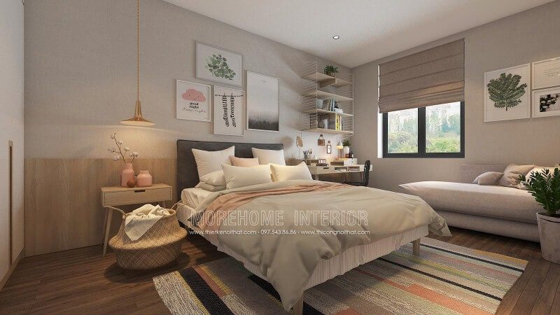 Bố trí phòng ngủ ấn tượng với cách trang trí độc đáo từ những mảng lớn đơn sắc kết hợp cùng họa tiết điểm nhấn tạo nên nét đẹp sinh động, trẻ trung cho không gian.