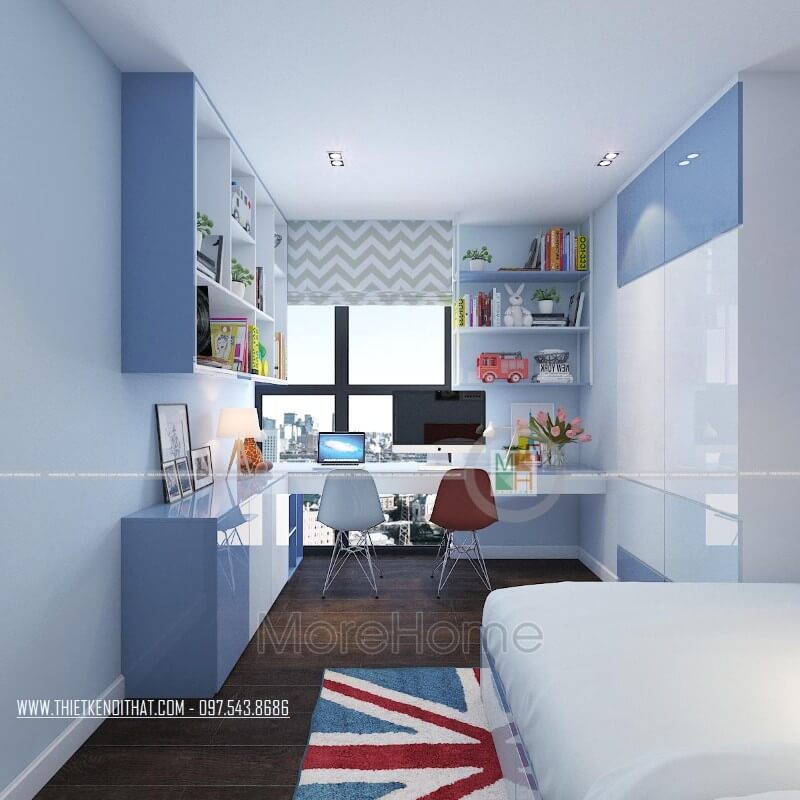 Khu vực bàn học gỗ công nghiệp của con được lắp đặt ngay gần cửa sổ với dụng ý đón nhận ánh sáng thiên nhiên một cách tự nhiên hòa vào căn phòng