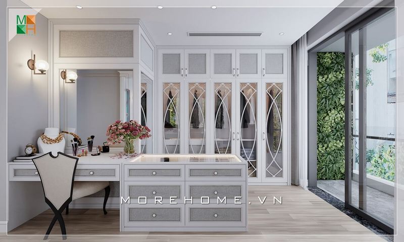 Ấn tượng với tủ quần áo tân cổ điển cánh kính thiết kế âm tường kịch trần tối giản diện tích căn phòng trở nên gọn gàng và rất hợp lý.