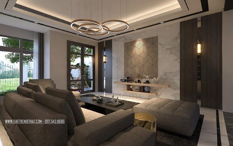 Phòng khách được trang trí hiện đại, đẹp và độc đáo bằng cách sử dụng đồ nội thất cao cấp và bố trí độc đáo.